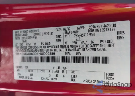 2017 Ford Escape Se z USA, uszkodzony, nr VIN 1FMCU0GD1HUD09289